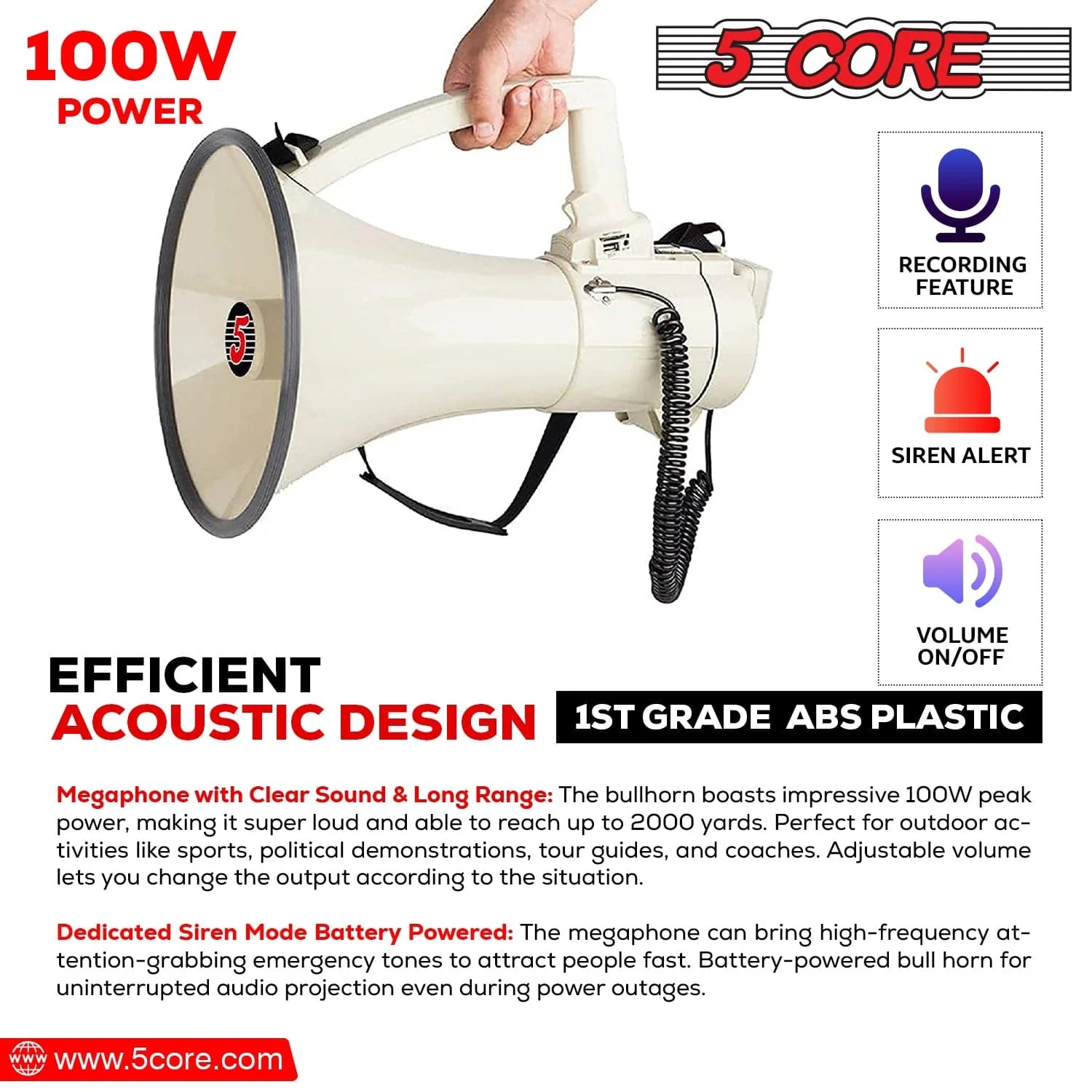 5Core Megaphone Bullhorn Speaker 100W Professional Bull Horn Battery