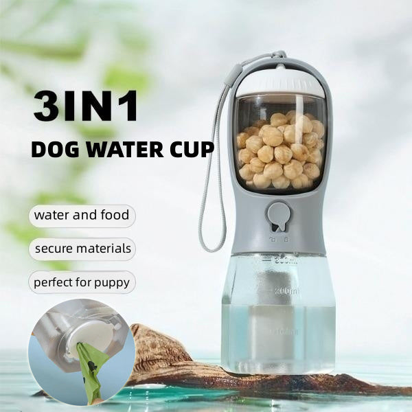3-in-1 Portable Pet Water & Food Bottle with Waste Bag Dispenser –