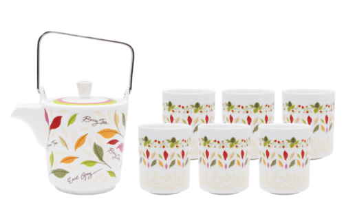 Teapot and 6 Mugs Set, Leaves