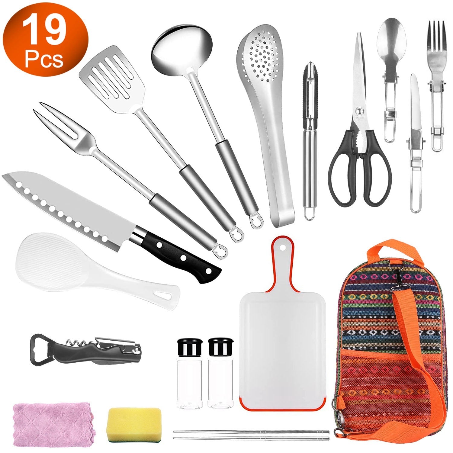 19Pcs Camping Cooking Utensil Kit Portable Picnic Cookware Outdoor