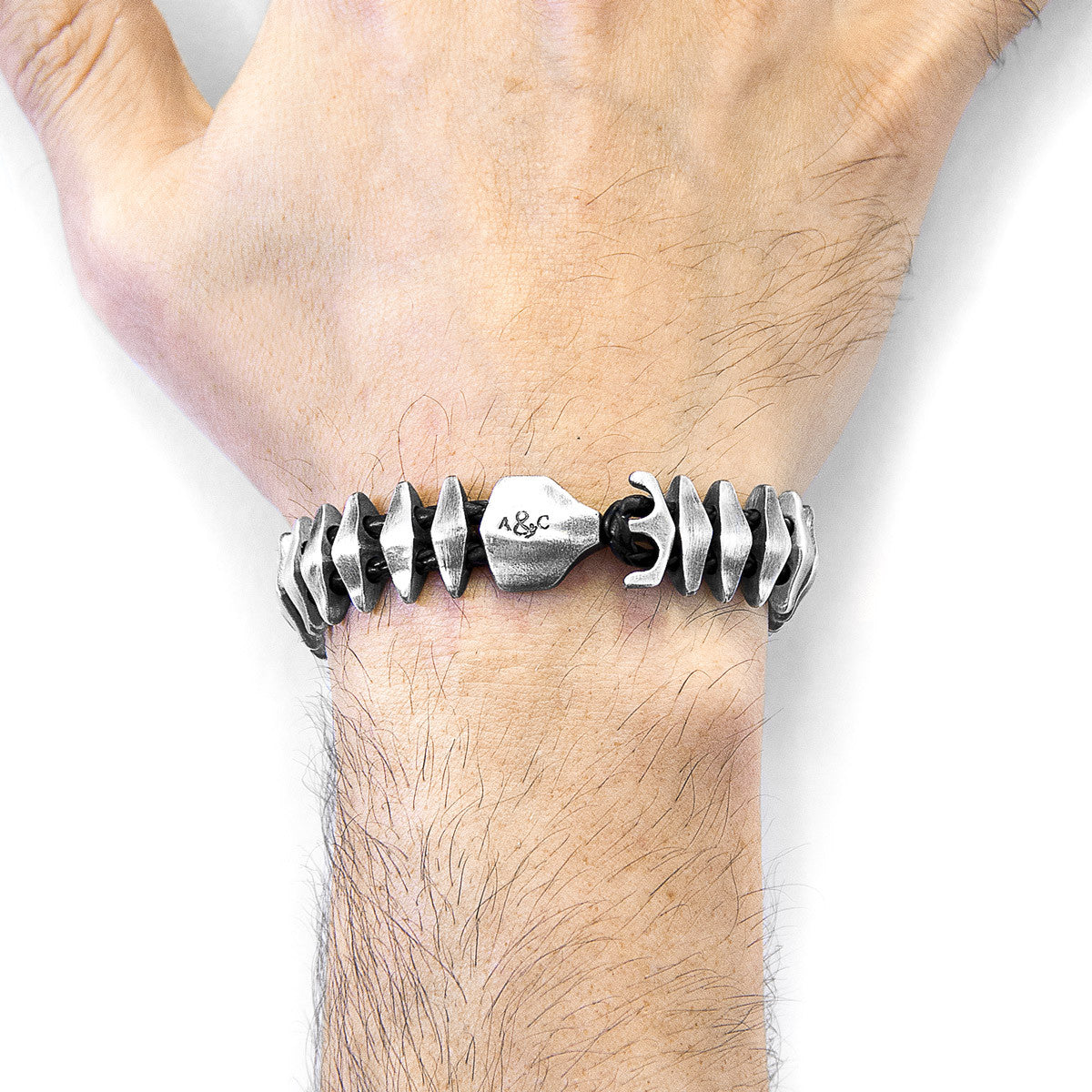 Coal Black Delta Anchor Maxi Silver and Braided Leather Bracelet