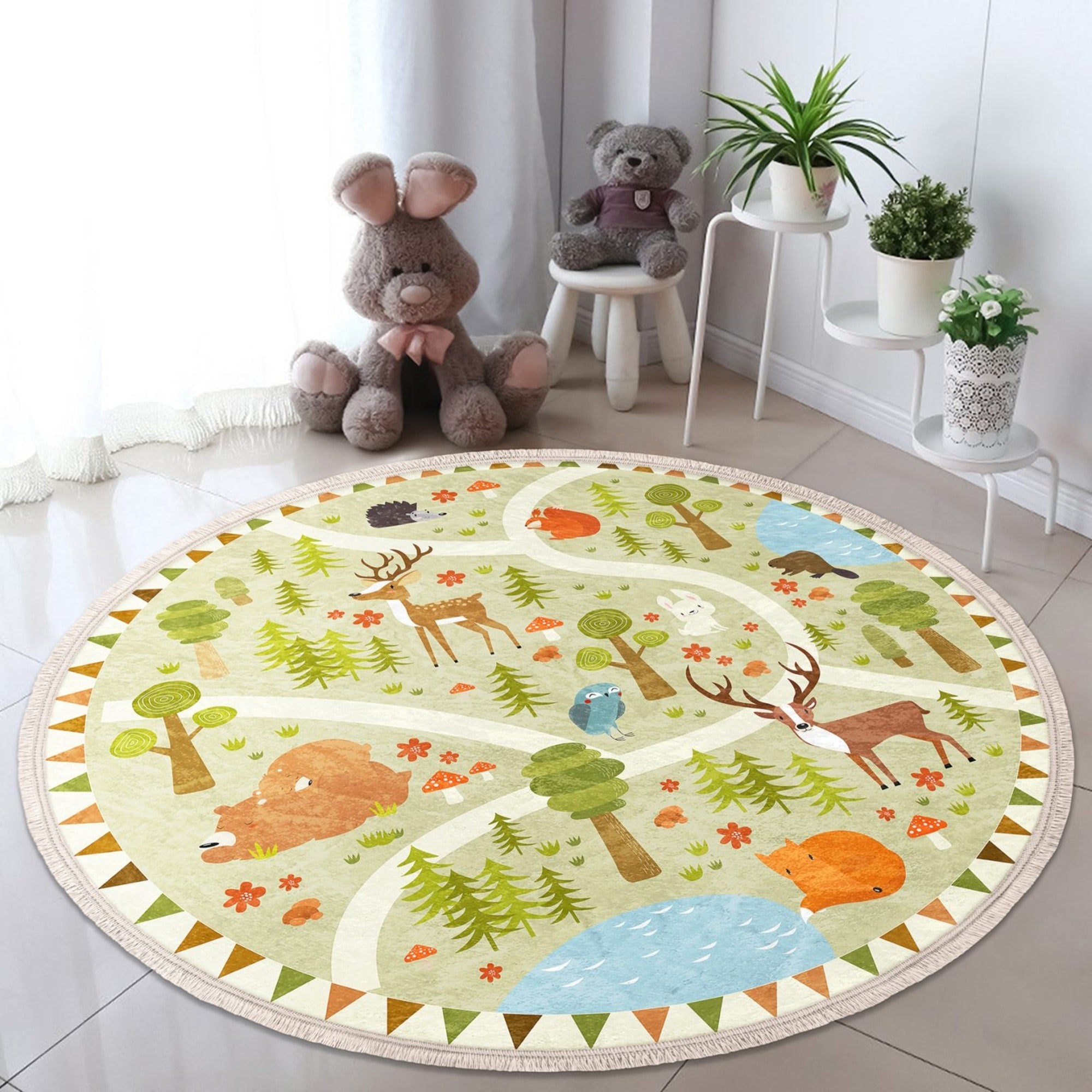 Cute Deer Printed Kids Room Area Rug, Nursery Room Decorative Animal
