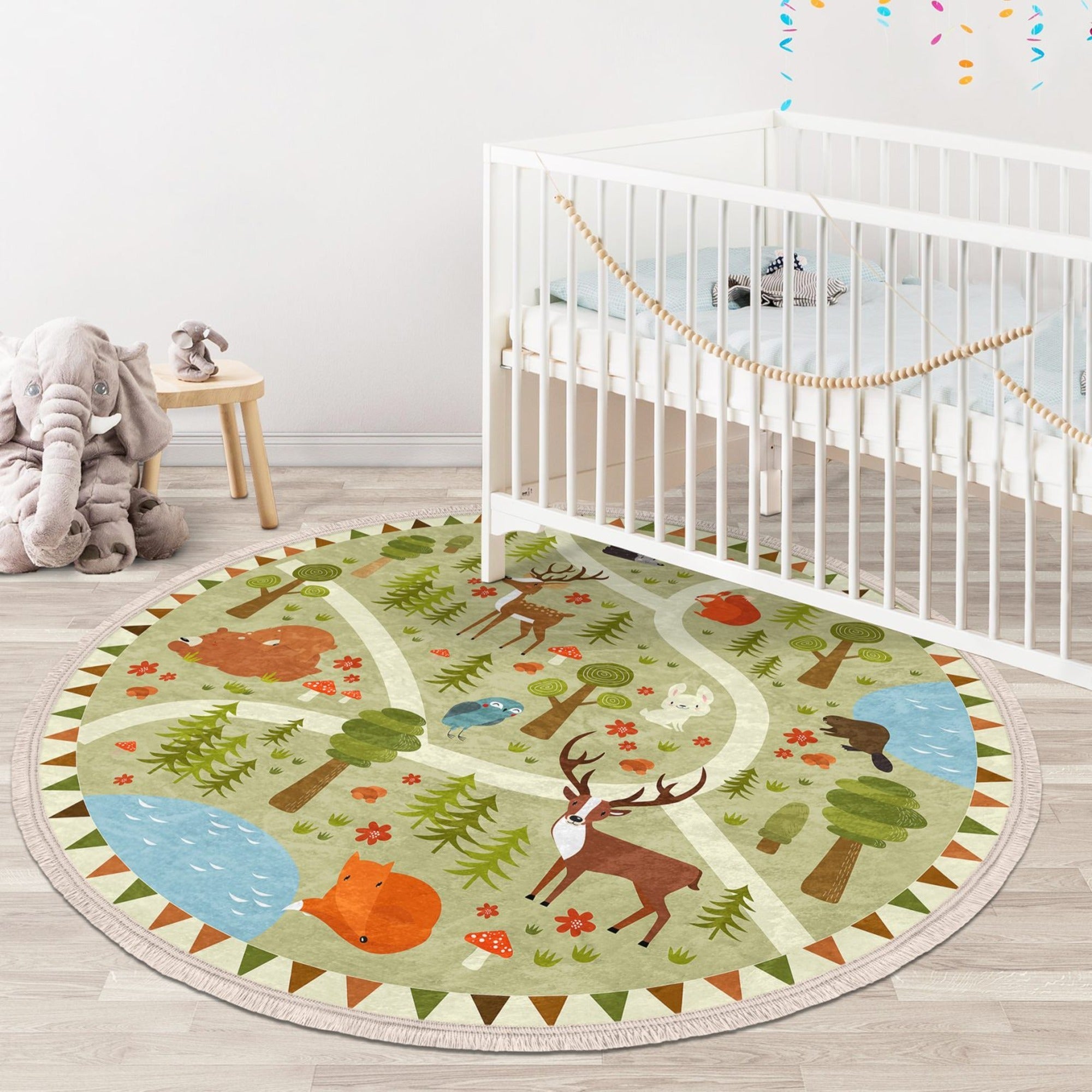 Cute Deer Printed Kids Room Area Rug, Nursery Room Decorative Animal