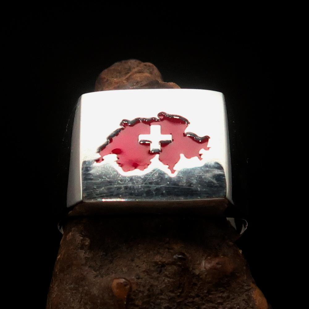 Excellent crafted Men's Swiss Flag Ring Switzerland - Sterling Silver