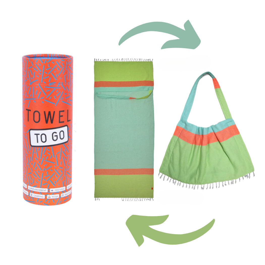 Neon Two-in-One Beach Towel and Bag, Green, Blue, Recycled Cotton with