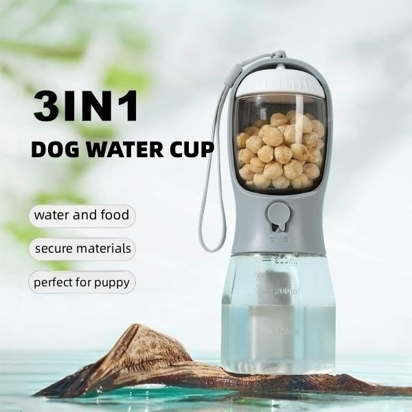 3-in-1 Portable Pet Water & Food Bottle with Waste Bag Dispenser –