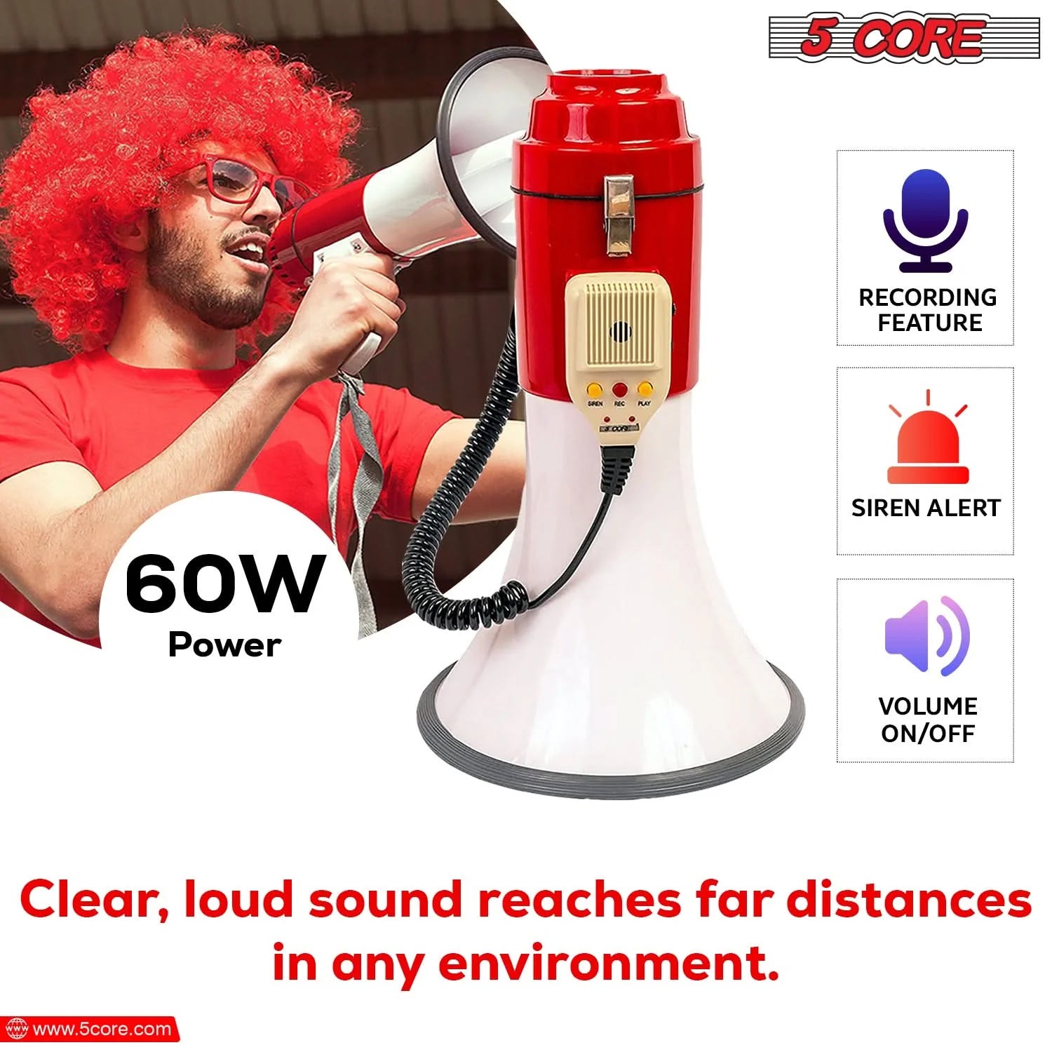 5Core Megaphone Bullhorn Speaker Pro 60W Bull Horn Non Rechargeable