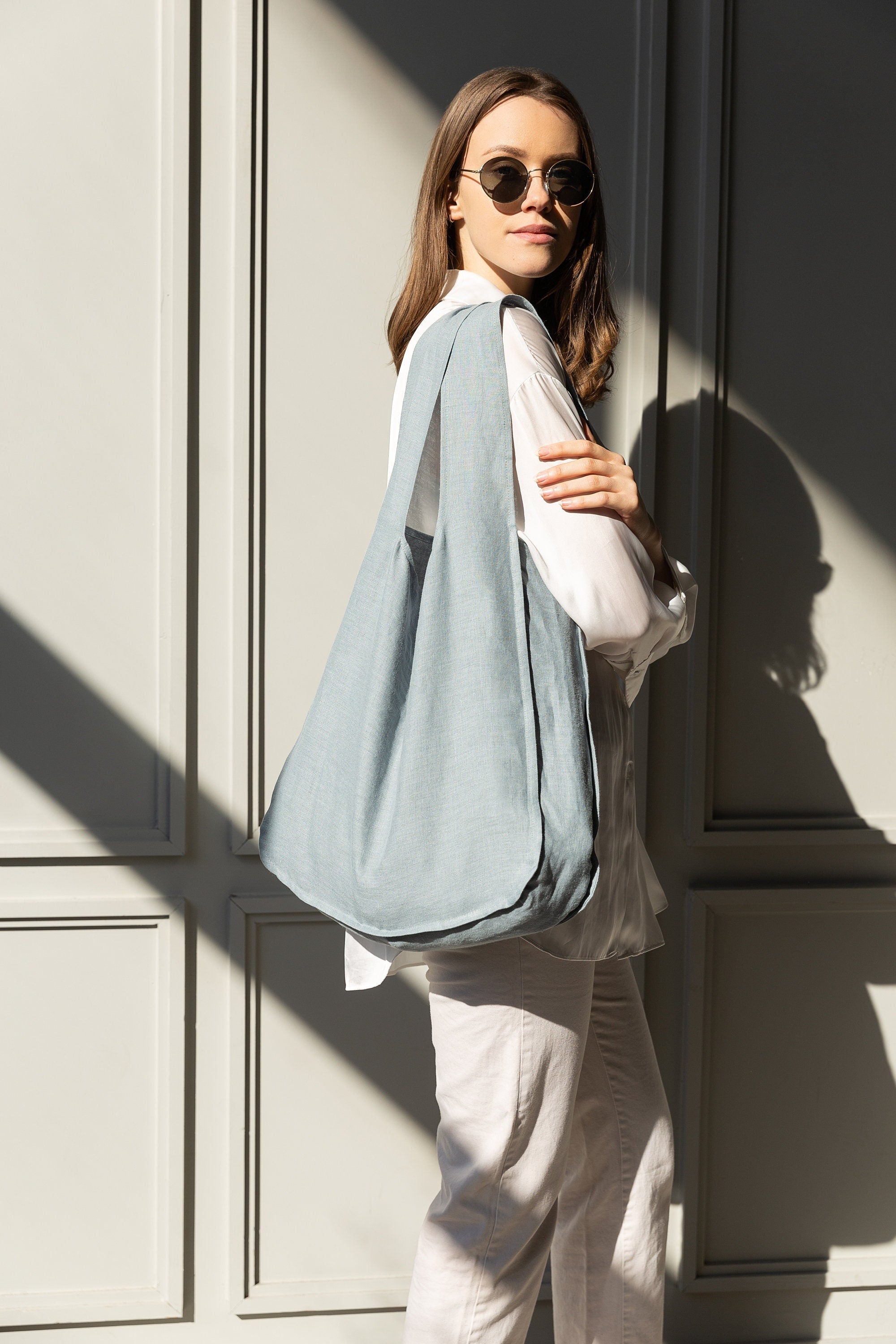 Greyish Mint linen tote bag with inside pocket