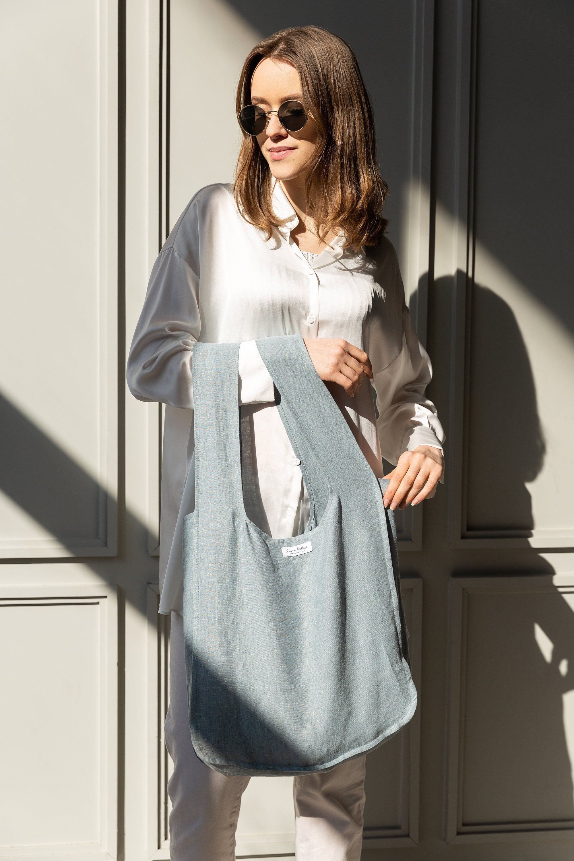 Greyish Mint linen tote bag with inside pocket