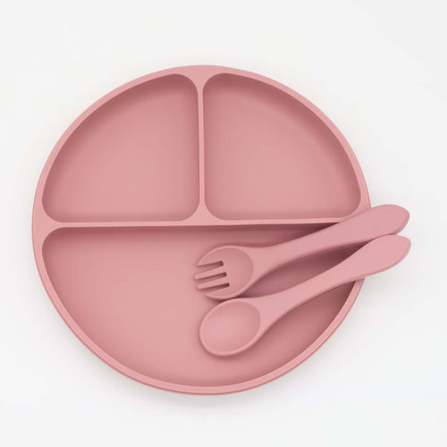 Baby Silicone Round Sucker Compartment Dinner Plate With Spoon Fork