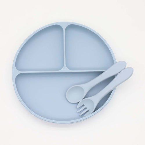 Baby Silicone Round Sucker Compartment Dinner Plate With Spoon Fork