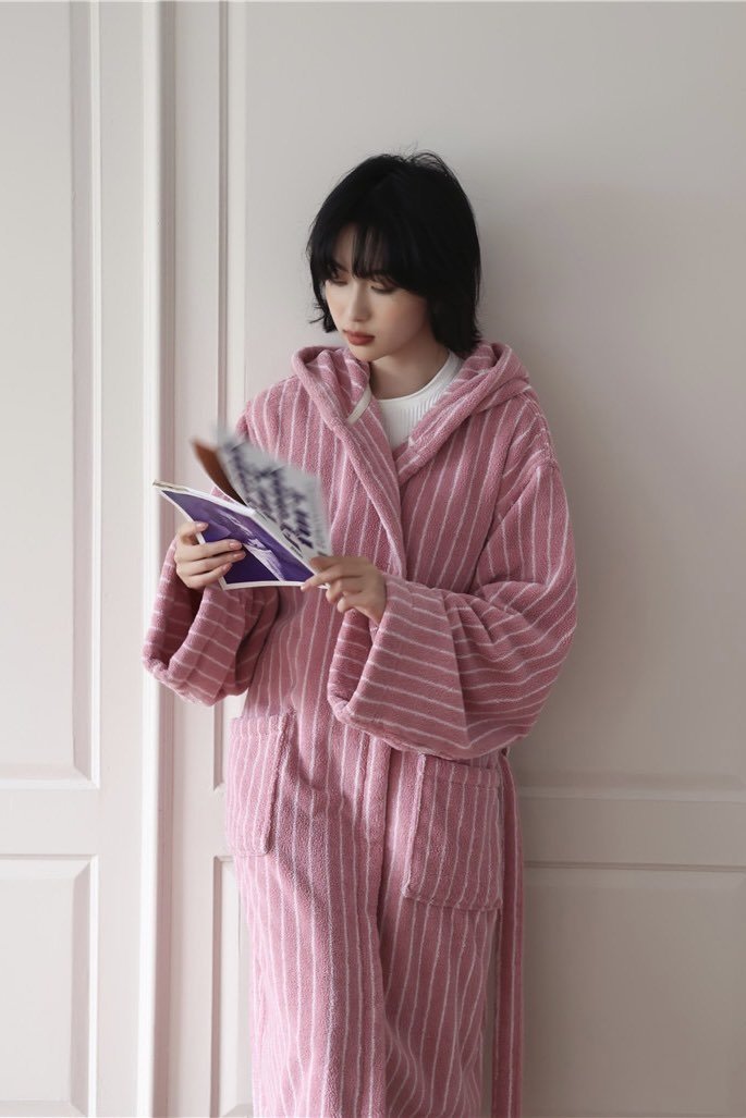 Retro Hooded Stripe Bathrobe, 100% ORGANIC Long-stapled Cotton