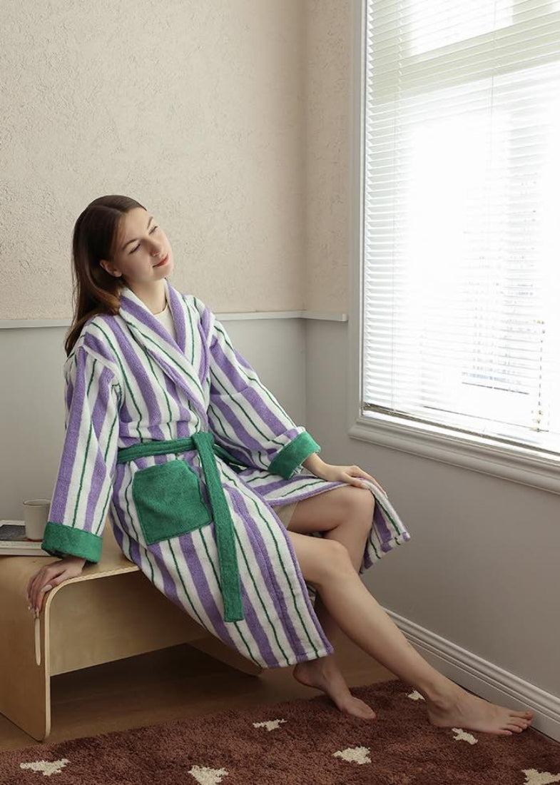 Ultra Soft Whimsical Retro Stripe Bathrobe - 100% Organic Long-stapled